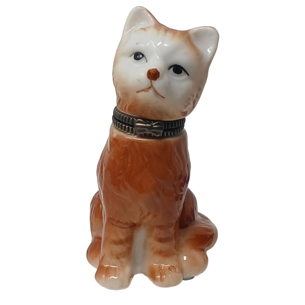 Vtg Ceramic Cat Trinket Box Ginger Orange W/ Collar Hinged Lid 3.25" Tall  #S-2
